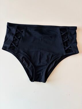 High-Waisted Black Bikini Bottom with Lattice Side Detail, Size L